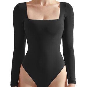 Women Square Neck Long Sleeve Bodysuit Sexy Thong Bodysuit Shirts Fall Winter